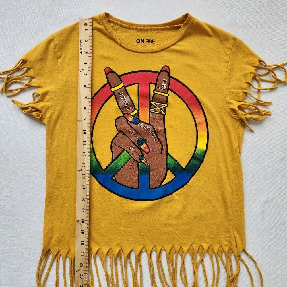 Hippie Girl Fringe Peace Sign Rainbow Graphic T-Shirt Yellow Boho Festival Cute - Picture 7 of 7